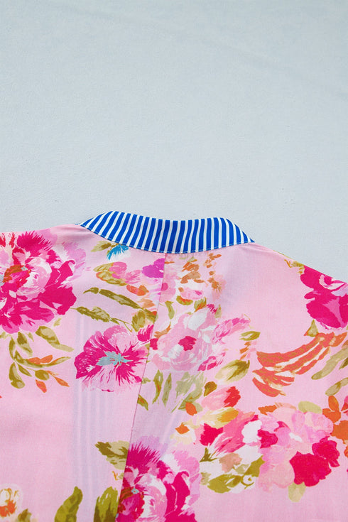 Floral Print Patchwork Striped Trim Half Sleeve Mini Dress