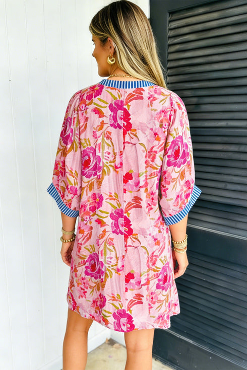 Floral Print Patchwork Striped Trim Half Sleeve Mini Dress