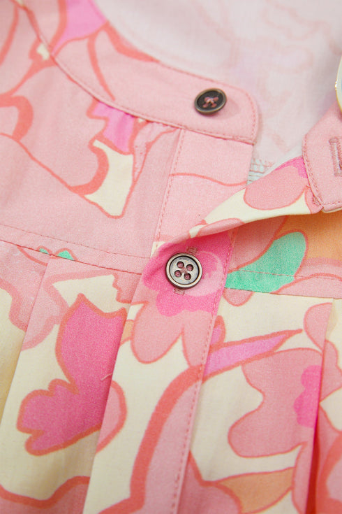 Floral Print Pintuck Button Down Short Sleeve Blouse