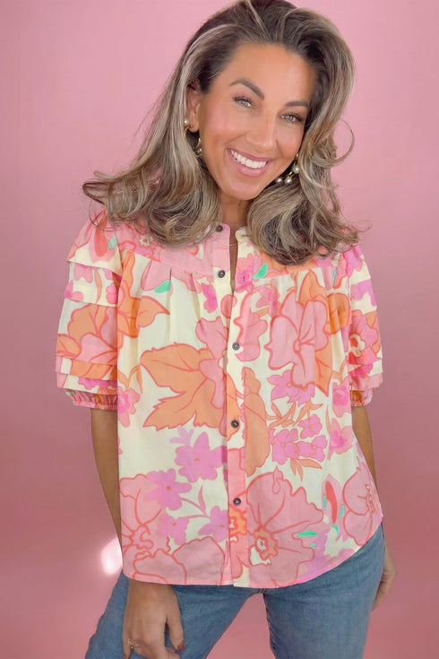 Floral Print Pintuck Button Down Short Sleeve Blouse