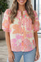Floral Print Pintuck Button Down Short Sleeve Blouse