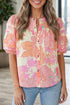 Floral Print Pintuck Button Down Short Sleeve Blouse