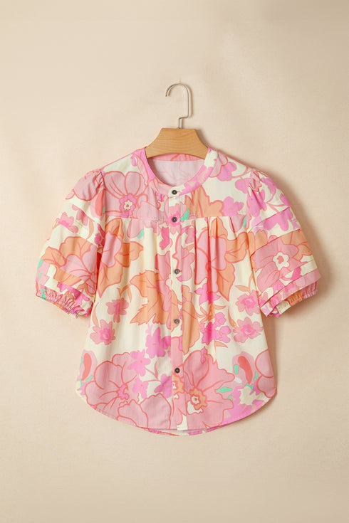 Floral Print Pintuck Button Down Short Sleeve Blouse