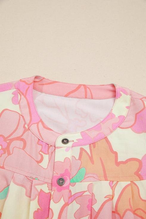 Floral Print Pintuck Button Down Short Sleeve Blouse