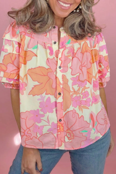 Floral Print Pintuck Button Down Short Sleeve Blouse