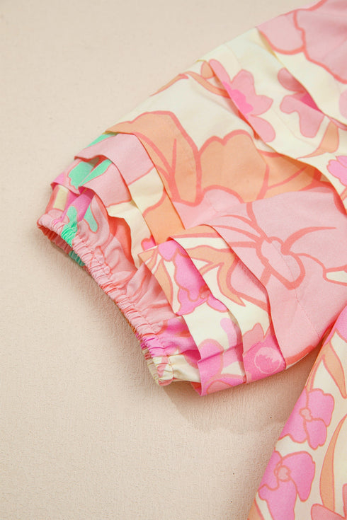 Floral Print Pintuck Button Down Short Sleeve Blouse