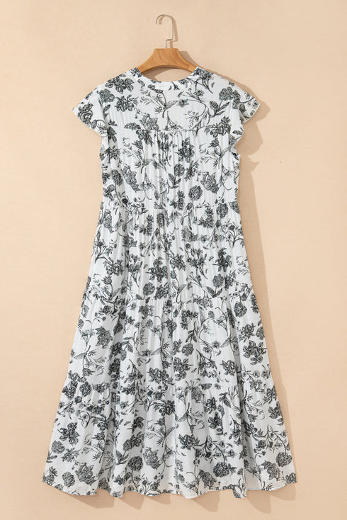 Floral Print Piping Trim Notched Neck Ruffle Sleeve Maxi Dress