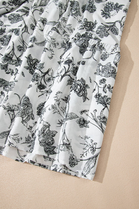 Floral Print Piping Trim Notched Neck Ruffle Sleeve Maxi Dress