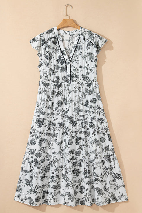 Floral Print Piping Trim Notched Neck Ruffle Sleeve Maxi Dress