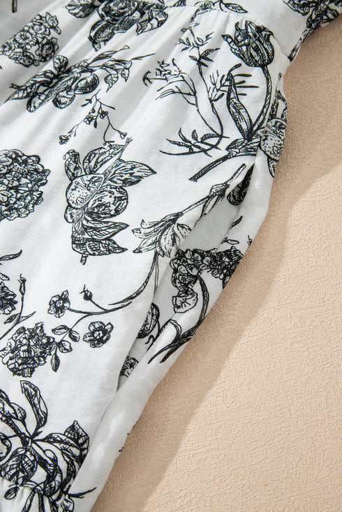 Floral Print Piping Trim Notched Neck Ruffle Sleeve Maxi Dress
