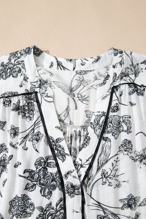 Floral Print Piping Trim Notched Neck Ruffle Sleeve Maxi Dress
