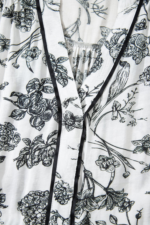 Floral Print Piping Trim Notched Neck Ruffle Sleeve Maxi Dress