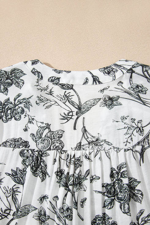 Floral Print Piping Trim Notched Neck Ruffle Sleeve Maxi Dress