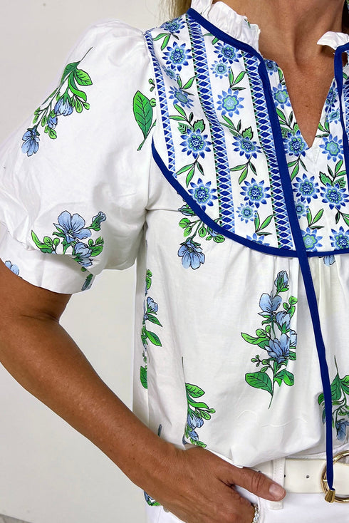 Floral Print Piping Trim Tie Neck Puff Sleeve Blouse