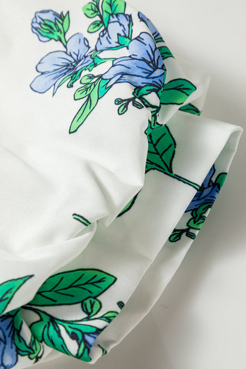 Floral Print Piping Trim Tie Neck Puff Sleeve Blouse