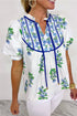 Floral Print Piping Trim Tie Neck Puff Sleeve Blouse