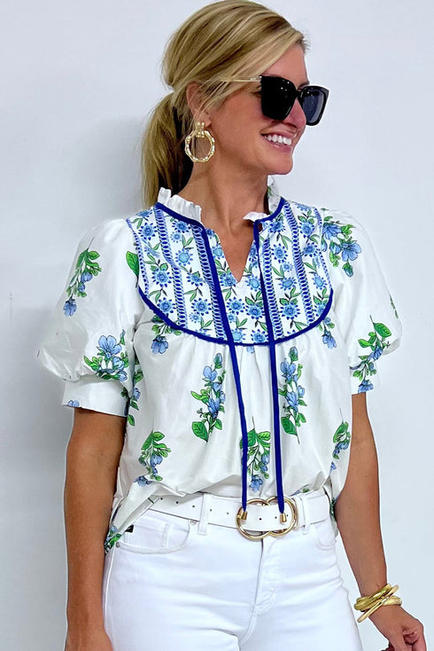 Floral Print Piping Trim Tie Neck Puff Sleeve Blouse