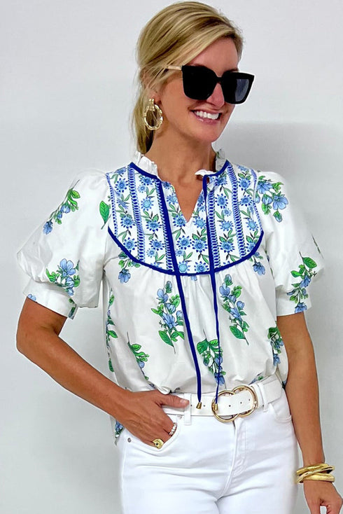 Floral Print Piping Trim Tie Neck Puff Sleeve Blouse
