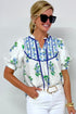 Floral Print Piping Trim Tie Neck Puff Sleeve Blouse