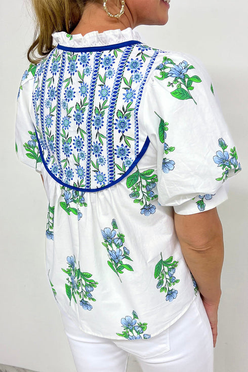Floral Print Piping Trim Tie Neck Puff Sleeve Blouse