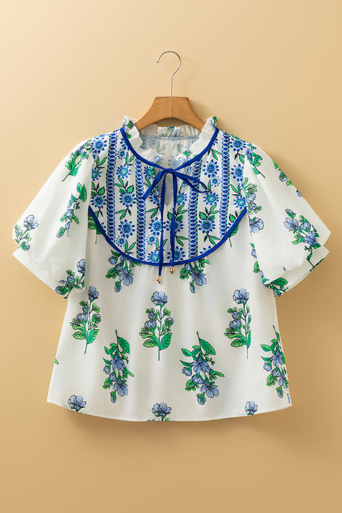 Floral Print Piping Trim Tie Neck Puff Sleeve Blouse