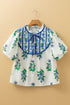 Floral Print Piping Trim Tie Neck Puff Sleeve Blouse