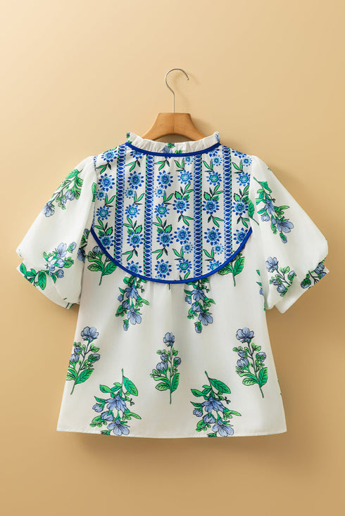 Floral Print Piping Trim Tie Neck Puff Sleeve Blouse