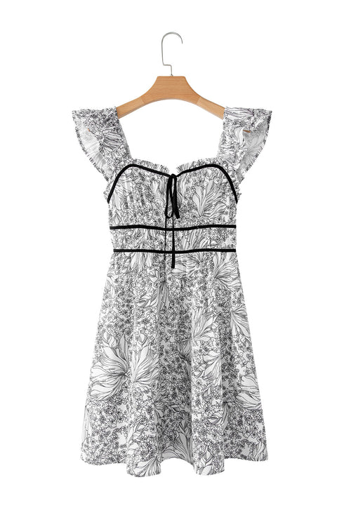 Floral Print Pipping Trim Flutter Sleeve Mini Dress