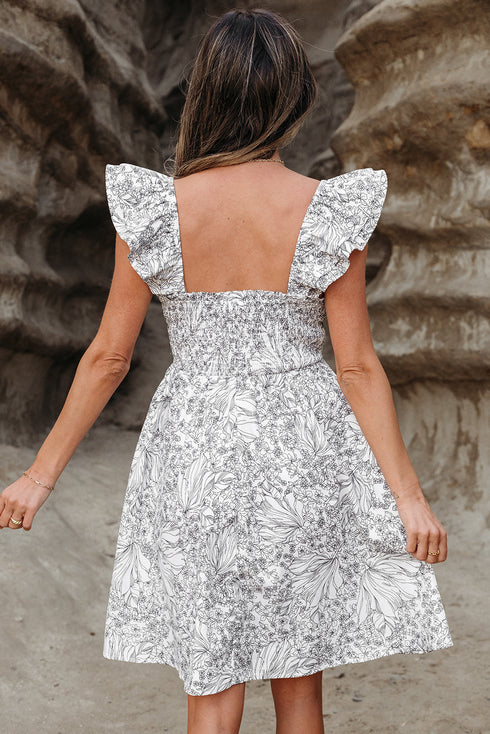 Floral Print Pipping Trim Flutter Sleeve Mini Dress
