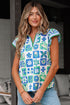 Floral Print Plaid Trim Collared Flutter Sleeve Blouse