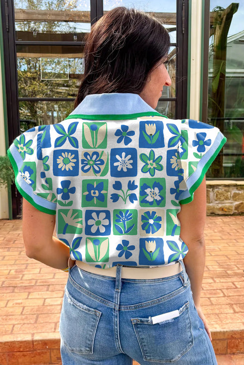 Floral Print Plaid Trim Collared Flutter Sleeve Blouse