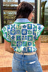 Floral Print Plaid Trim Collared Flutter Sleeve Blouse