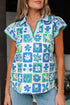 Floral Print Plaid Trim Collared Flutter Sleeve Blouse