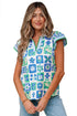 Floral Print Plaid Trim Collared Flutter Sleeve Blouse