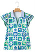 Floral Print Plaid Trim Collared Flutter Sleeve Blouse