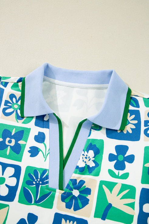 Floral Print Plaid Trim Collared Flutter Sleeve Blouse