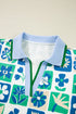 Floral Print Plaid Trim Collared Flutter Sleeve Blouse