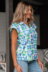 Floral Print Plaid Trim Collared Flutter Sleeve Blouse