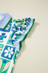 Floral Print Plaid Trim Collared Flutter Sleeve Blouse