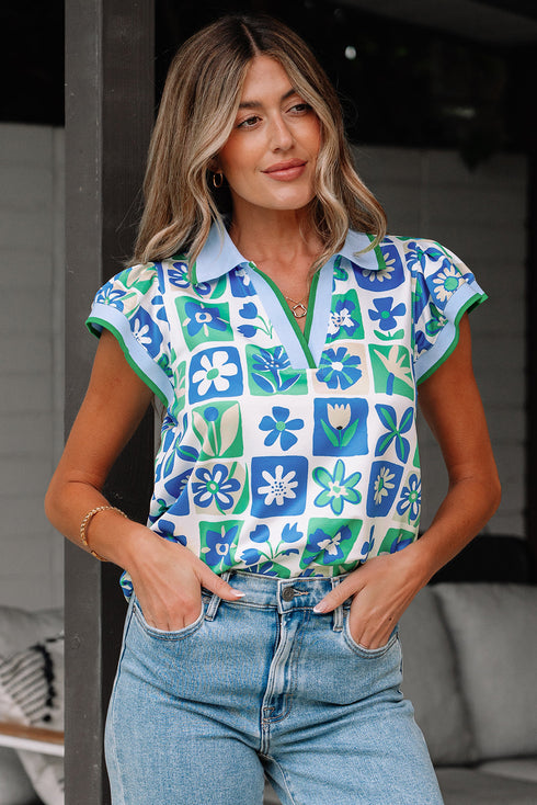 Floral Print Plaid Trim Collared Flutter Sleeve Blouse