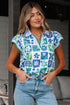 Floral Print Plaid Trim Collared Flutter Sleeve Blouse