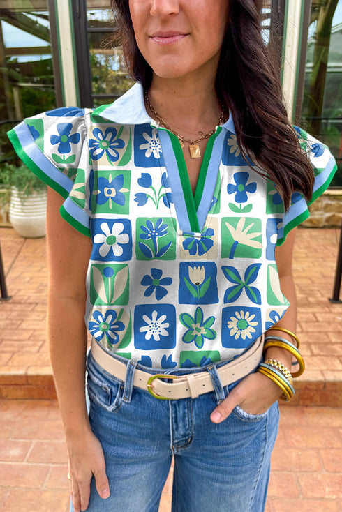 Floral Print Plaid Trim Collared Flutter Sleeve Blouse