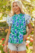 Floral Print Pleated Lace Trim Ruffle Sleeve Blouse