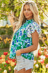 Floral Print Pleated Lace Trim Ruffle Sleeve Blouse
