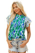 Floral Print Pleated Lace Trim Ruffle Sleeve Blouse