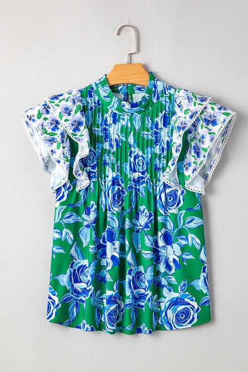 Floral Print Pleated Lace Trim Ruffle Sleeve Blouse