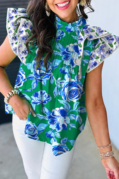 Floral Print Pleated Lace Trim Ruffle Sleeve Blouse