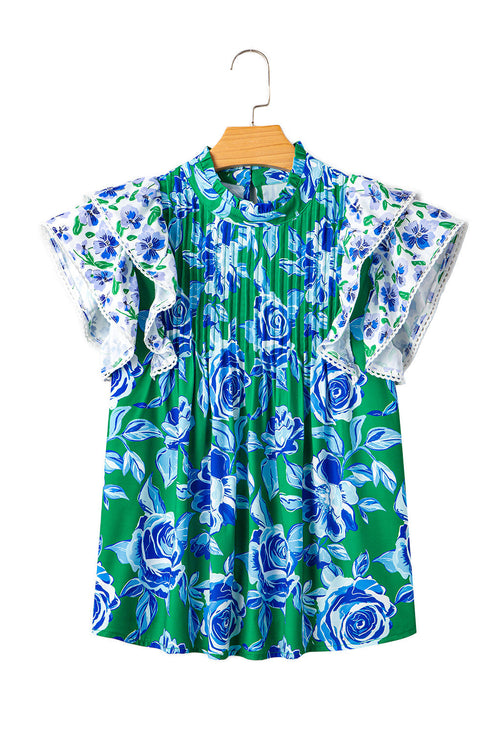 Floral Print Pleated Lace Trim Ruffle Sleeve Blouse