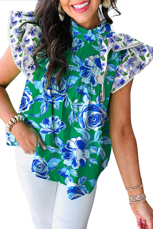 Floral Print Pleated Lace Trim Ruffle Sleeve Blouse