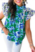 Floral Print Pleated Lace Trim Ruffle Sleeve Blouse
